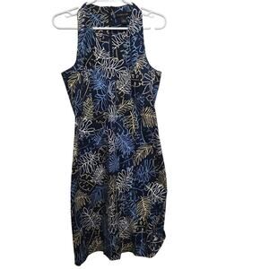 Navy Leaf Print Fit Flare Dress Pockets Size 8